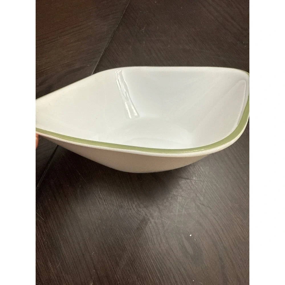 Corelle Square Cereal Soup Bowl White with Sage Green Rim Vitrelle Made in USA